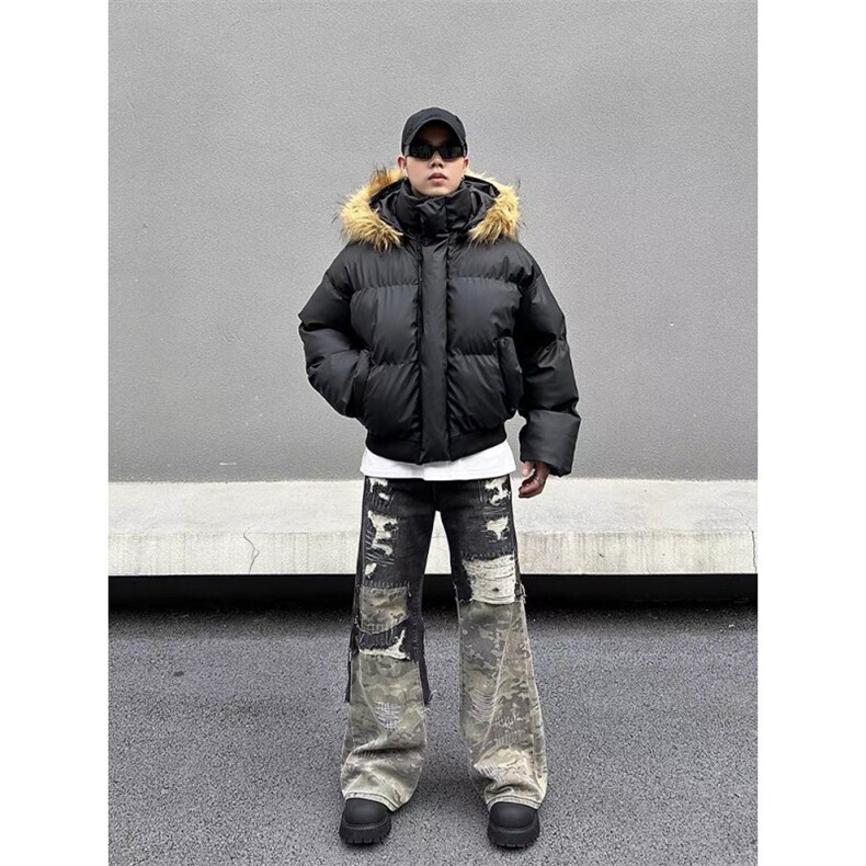 网图秋冬新款休闲百搭连帽毛领PU加厚情侣棉服MY5241TP85,男装棉衣,电商A247