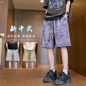 特批P30无差价夏季风缎面印花短裤冰丝高级感五分裤男DK2188图片