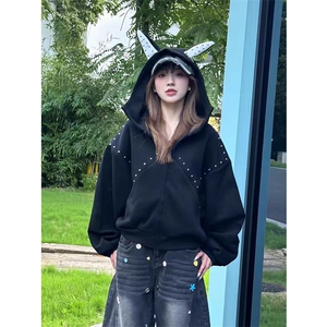 抖音得物高品质26春装美式高街铆钉杜宾犬耳朵开衫卫衣外套W125