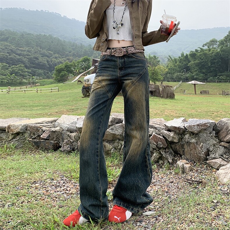 美式复古高腰微喇牛仔裤女2025秋季重工水洗不贴腿宽松显瘦阔腿裤图片