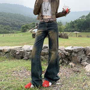 美式复古高腰微喇牛仔裤女2025秋季重工水洗不贴腿宽松显瘦阔腿裤图片