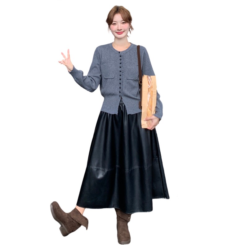 现货：新款时尚气质针织开衫PU皮半身裙两件套2C135-8917P155K238，女装套装/套裙，2C135