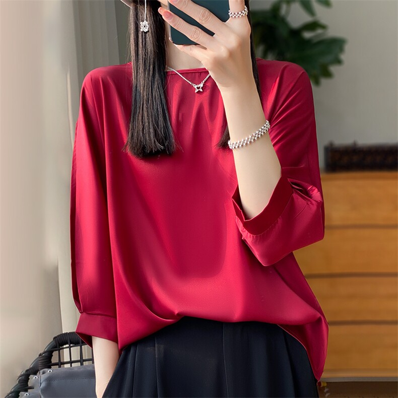 七分袖圆领纯色2024年秋季套头简约衬衫,女装衬衫,绒宛羊绒