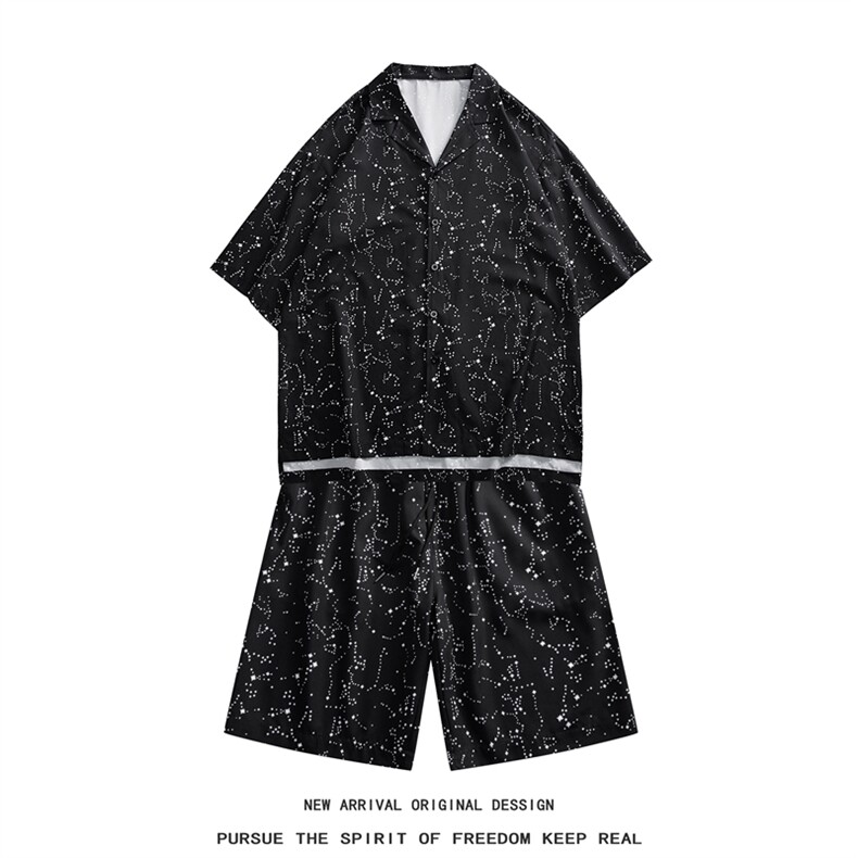 TZ9039/P55中性风冰丝衬衫短裤套装男宽松大码两件套潮男上衣裤子,女装大码女装,电商A141