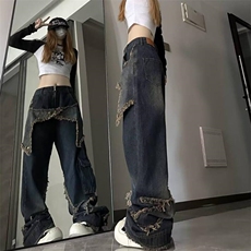 美式复古宽松显瘦牛仔裤男女秋季设计感毛边拖地长裤直筒阔腿裤子，男装牛仔裤，星座601-2