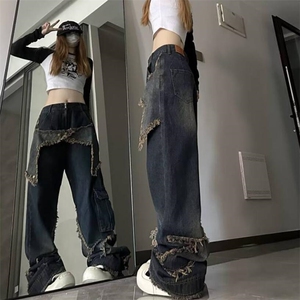 美式复古宽松显瘦牛仔裤男女秋季设计感毛边拖地长裤直筒阔腿裤子图片