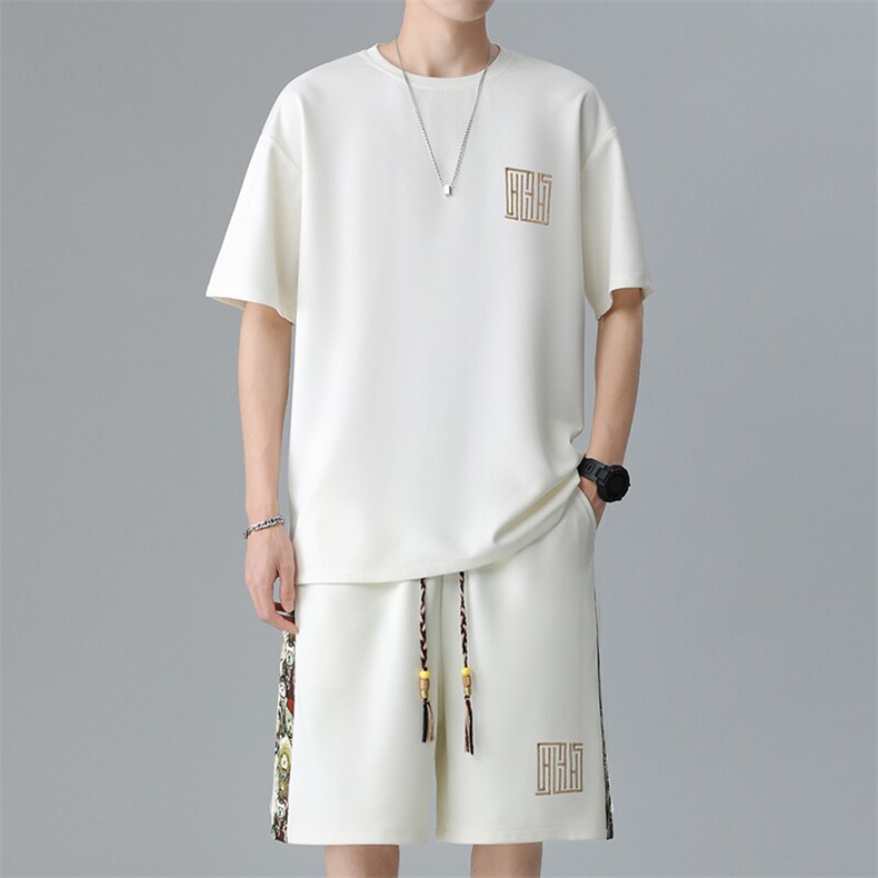 男士刺绣夏季拼接休闲运动套装男T恤短裤两件套潮A266-TZ7707-P45,男装T恤,电商A266