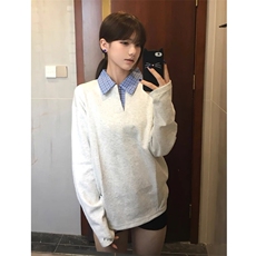 现货蓝色格子拼接翻领T恤长袖上衣情侣款男女CX02-TP35，男装T恤，星座910A