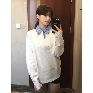 现货蓝色格子拼接翻领T恤长袖上衣情侣款男女 CX02-TP35图片
