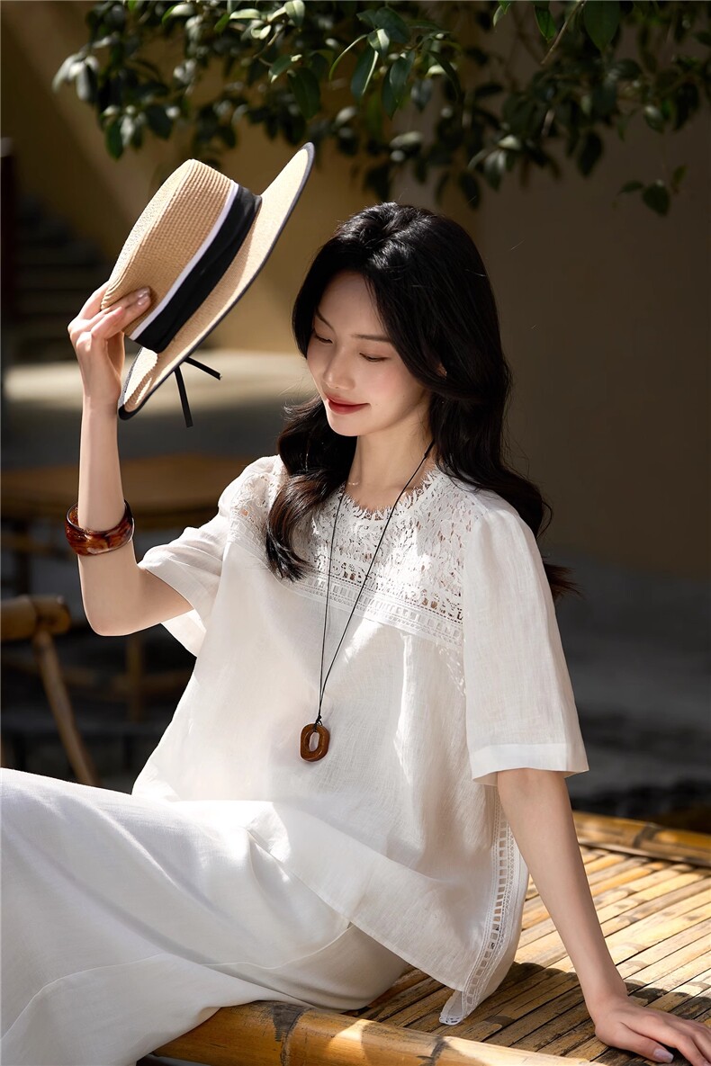 一梦浮生重工蕾丝+宽松短袖圆领衬衫女上衣25夏新,女装衬衫,梦白服饰厂