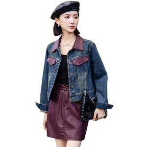 现货秋季新款韩版百搭港风复古牛仔外套女PU皮拼接夹克显瘦上衣图片