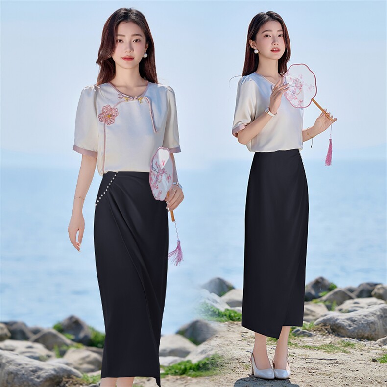 2025夏装新中式通勤洋气圆领衬衣气质垂感百搭半身裙两件套，女装套装/套裙，时尚俏佳人