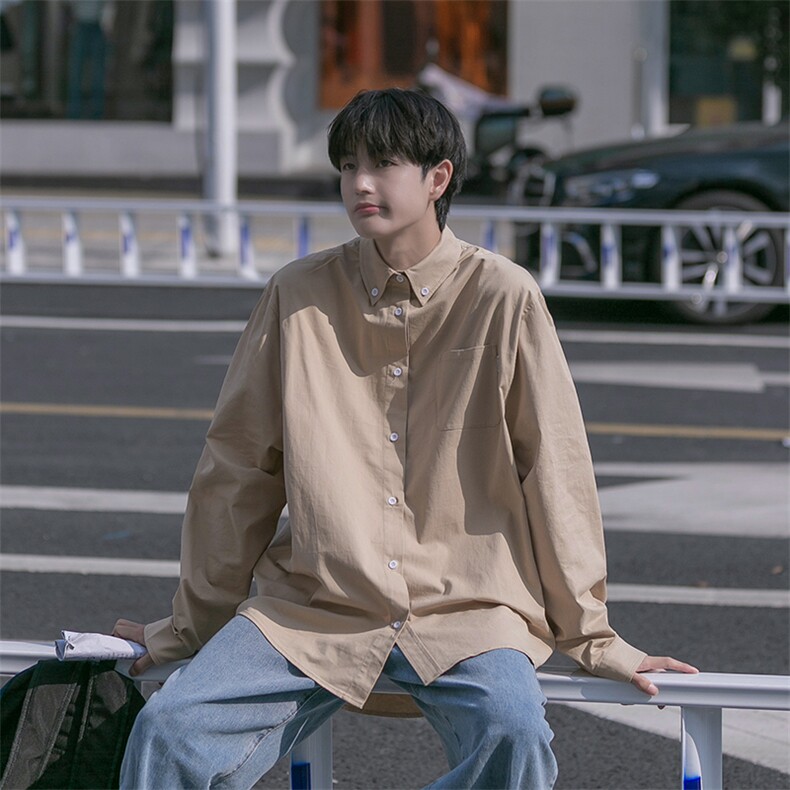 wassupcandy白色长袖衬衫男春秋季日系cityboy宽松休闲衬衣外套,男装衬衫,星座918-1