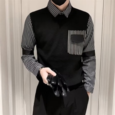 假两件毛衣男士条纹衬衫领打底口袋设计针织衫秋冬季男线衣Q141，男装针织衫/毛衣，星座1116A-2（原606A-1）