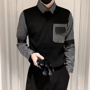 假两件毛衣男士条纹衬衫领打底口袋设计针织衫秋冬季男线衣 Q141图片