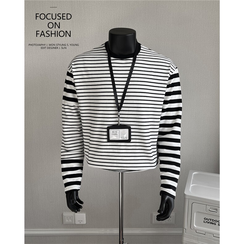 2026时尚拼接粗细条纹长袖T恤ST82/P48控78，男装T恤，电商A242