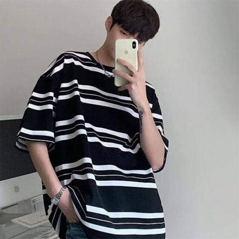 日系复古黑白条纹t恤男夏季小领口cleanfit短袖美式纯棉重磅半袖,男装T恤,星座1116A（原606A-3）