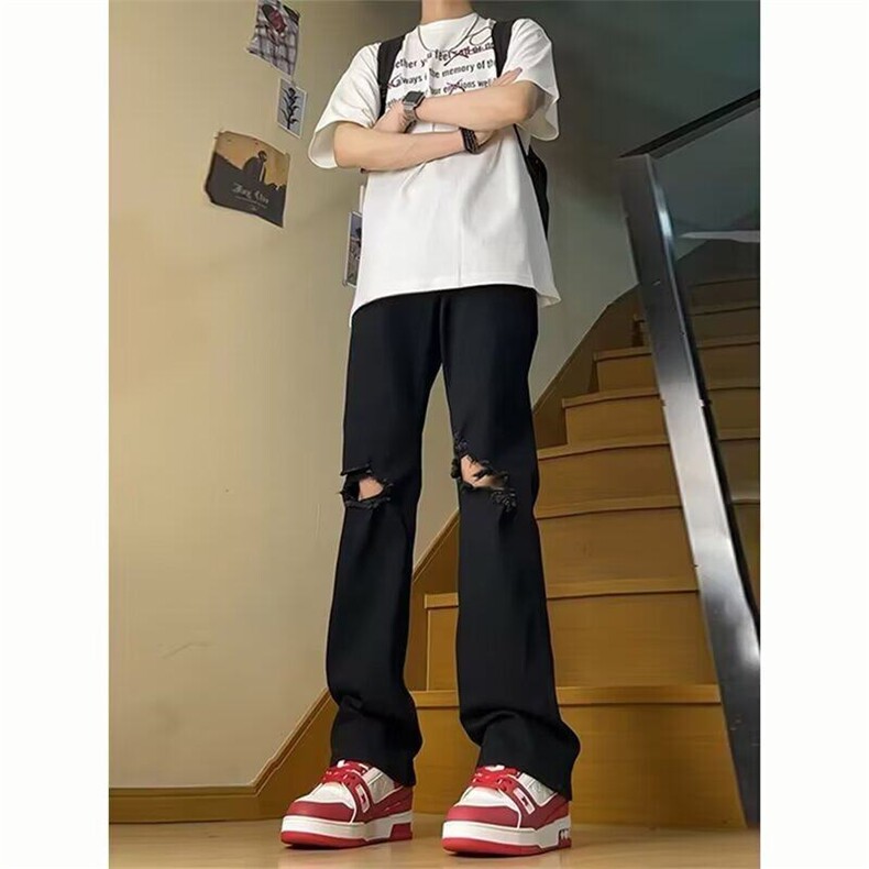 黑色微喇破洞牛仔裤男款夏季穿搭裤子痞帅修身显瘦直筒裤N7027,男装牛仔裤,星座1116A（原606A-3）