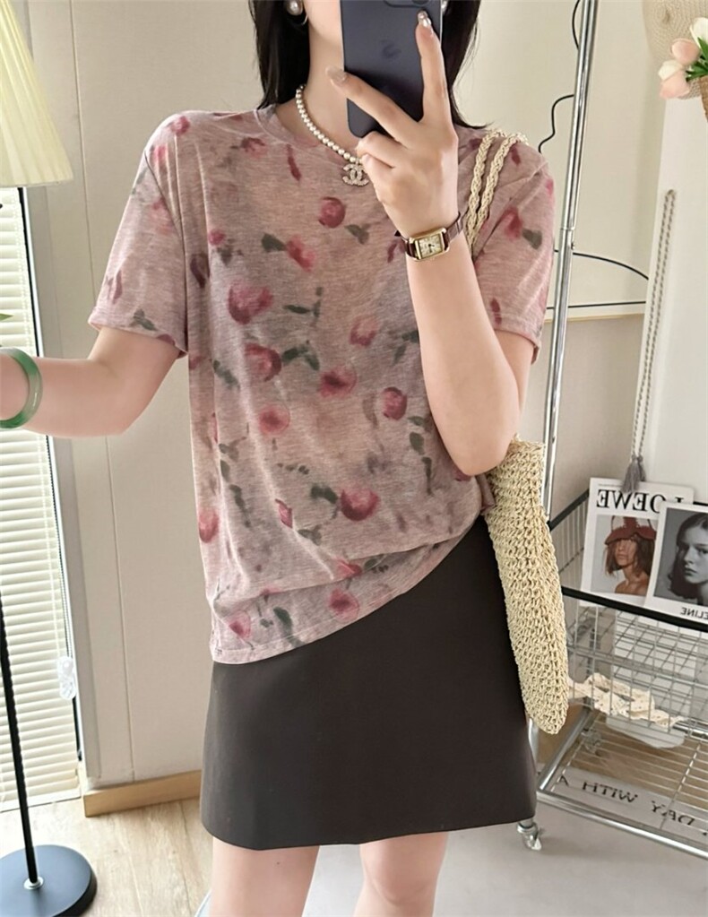 波点拼色圆领短袖针织T恤女25夏季薄款打底宽松短款图片