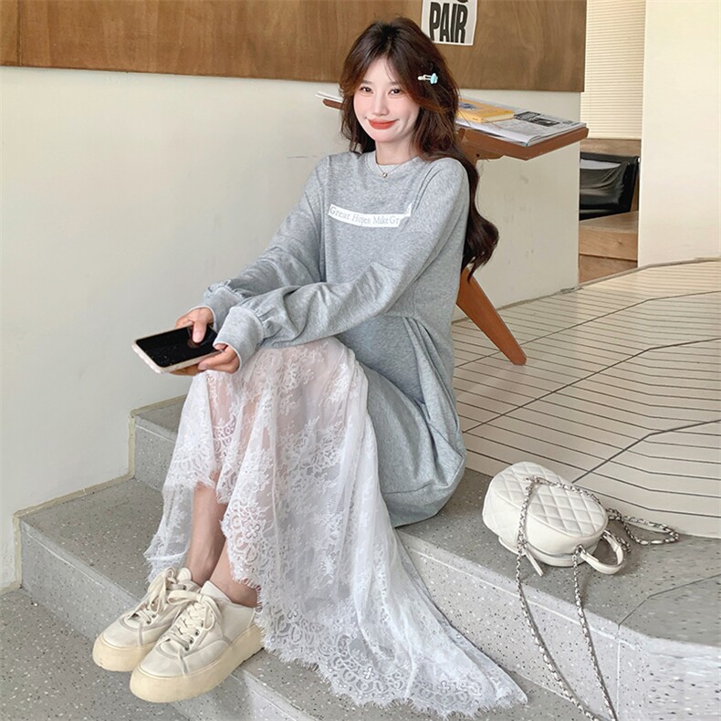 【现货】慵懒风卫衣蕾丝拼接连衣裙长裙2C0812-7701P135K198,女装连衣裙,2C081