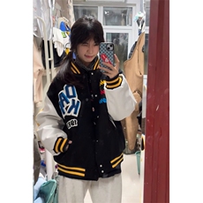 美式复古黑色刺绣棒球服外套男秋冬新款潮牌宽松PU皮拼接翻领夹克，男装夹克，星座601-1
