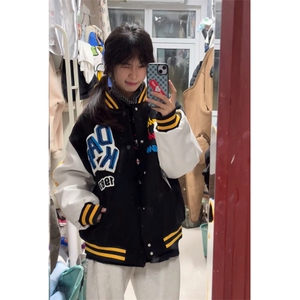 美式复古黑色刺绣棒球服外套男秋冬新款潮牌宽松PU皮拼接翻领夹克图片