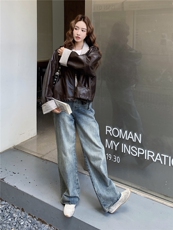 美式复古高级感条纹撞色PU皮衣外套女2025春秋季新款韩系显瘦夹克，女装皮衣，蝶眷