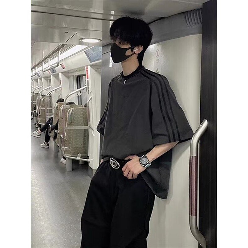 街头拼接三条杠织带串珠短袖t恤夏季休闲oversize五分半袖上衣,男装T恤,星座601-1