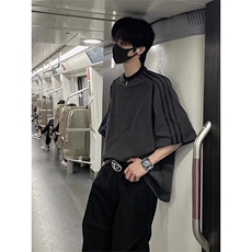 街头拼接三条杠织带串珠短袖t恤夏季休闲oversize五分半袖上衣，男装T恤，星座601-1