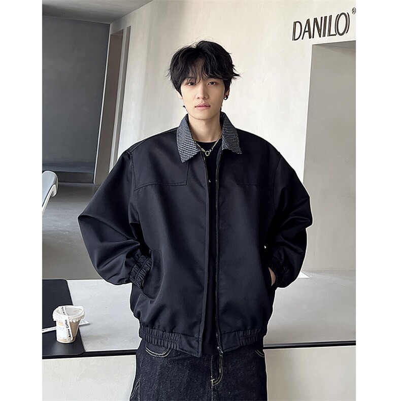 现货白色格子拼接外套男春秋立领棒球服韩玲顿夹克,男装夹克,电商C307