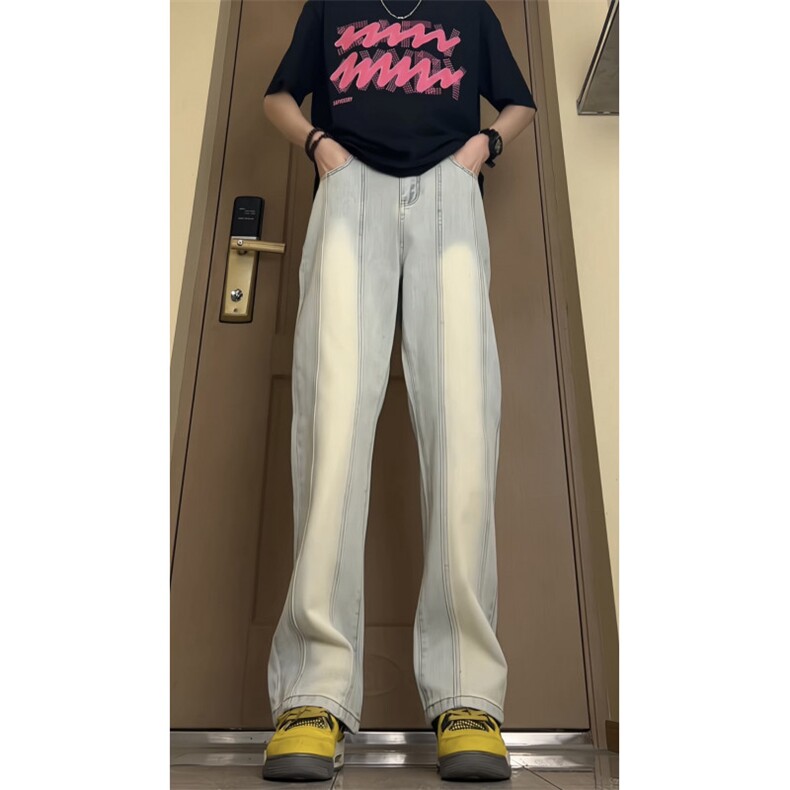 欧美拼色裤子水洗渐变牛仔裤男美式直筒微喇显瘦小众长裤GJ325P50，男装牛仔裤，电商D256-1(原A064-1)