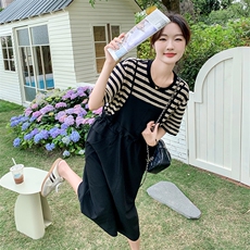 现货03夏装新品腰部抽绳条纹拼接假两件套连衣裙2C239P125K178，女装连衣裙，2C239