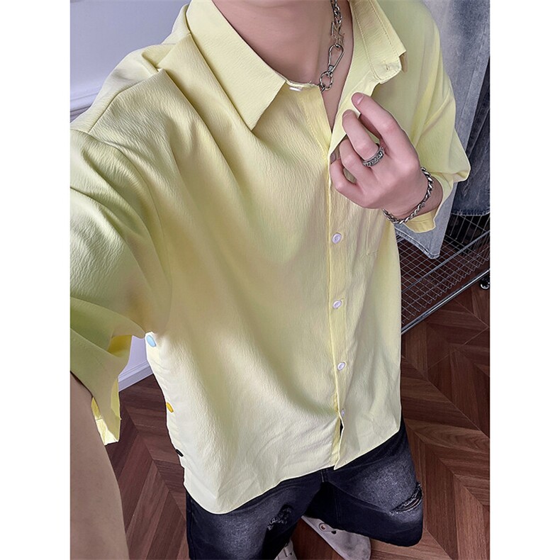 柠檬黄oldschool衬衫盐系男友风夏季七分袖冰丝褶皱衬衣DX105-P40,男装衬衫,电商A178