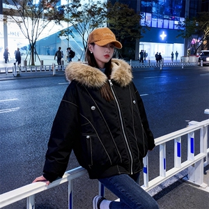 现货重磅boxy短款棉衣座山雕大毛毛领男女棉服水洗工装厚外套图片