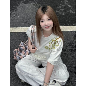 纯棉全刺绣花朵T恤男女短袖宽松BT012-P32