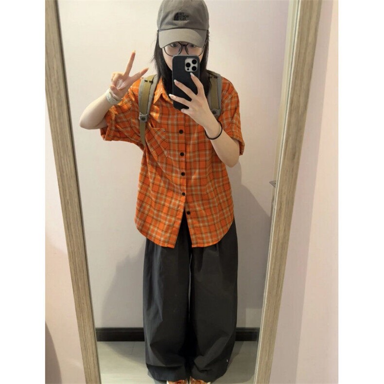 美式橙色设计格纹长袖衬衫男女宽松情侣格子复古铆钉衬衣DXC01P30,男装衬衫,电商D256