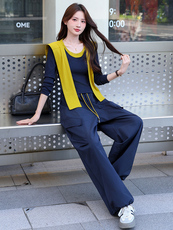 2025年秋季新款时尚潮流舒适显瘦带披肩配色三件套裤，女装套装/套裙，心心服饰