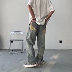 港风ins牛仔裤男潮牌口袋拼接韩版宽松直筒百搭阔腿裤N7076-p40，男装牛仔裤，星座1008-2