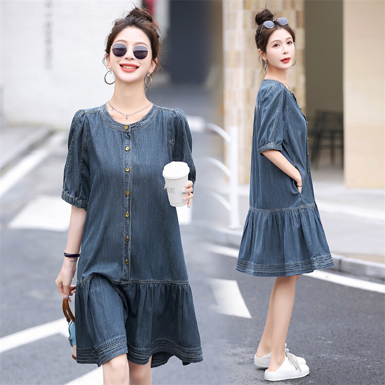 复古宽松薄款夏天牛仔裙连衣裙2025新款女减龄休闲大码中长裙子潮，女装连衣裙，钱塘布衣