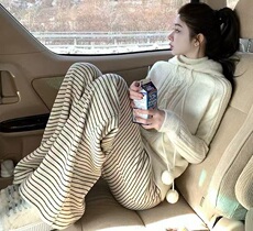 2025年秋季直筒裤中腰长裤百搭宽松横条毛巾裤时尚百搭，女装休闲裤，佳绒包芯纱店