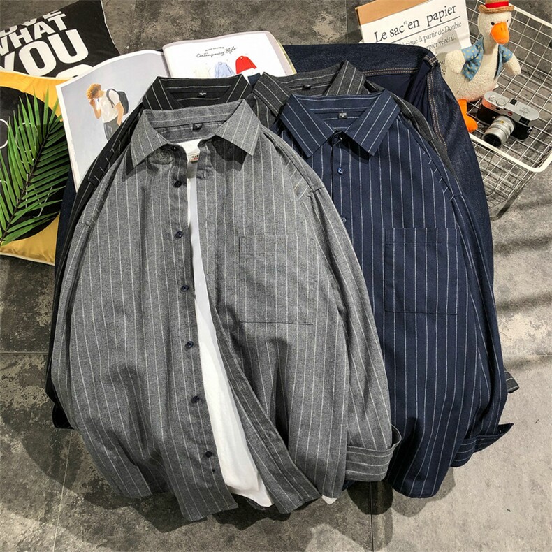 秋季长袖衬衫男士休闲韩版潮流宽松条纹衬衣外套DF07T,男装衬衫,电商A102