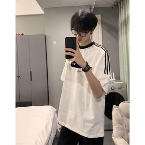 夏季美式高街重磅纯棉三条杠织带撞色男女短袖T恤ZD578-特P30图片