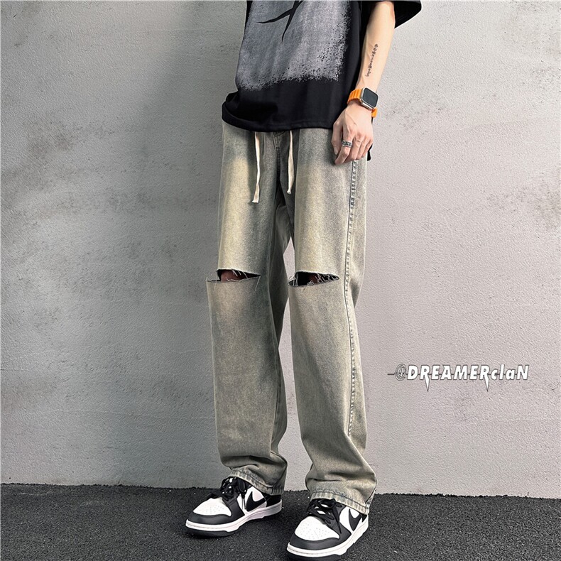 k1020-p55-控78 M-5XL 抖音美式高阶黑暗破洞拉链宽松大码牛仔裤图片