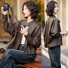 短款秋季拉链常规口袋拼接皮衣立领女装地雷系机能风春秋显瘦时尚，女装皮衣，魅丽静蓝