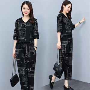 HXY802夏季妈妈套装2022新款印花透气短袖洋气休闲时尚减龄两件套，商品下架区，华秀衣