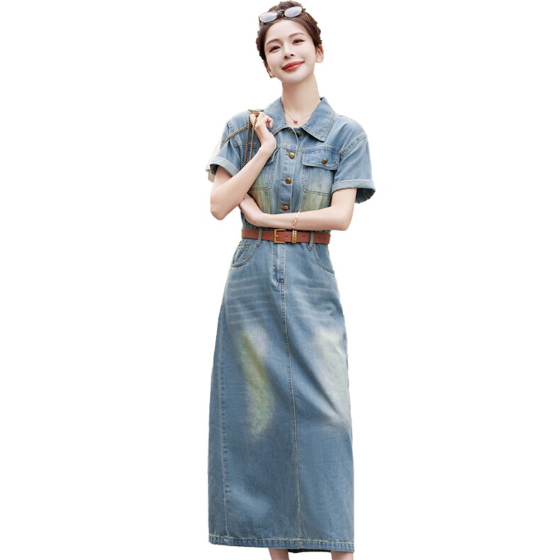 复古短袖牛仔连衣裙女2026夏季新款薄款气质收腰高级感开叉长裙子,女装连衣裙,印象茜