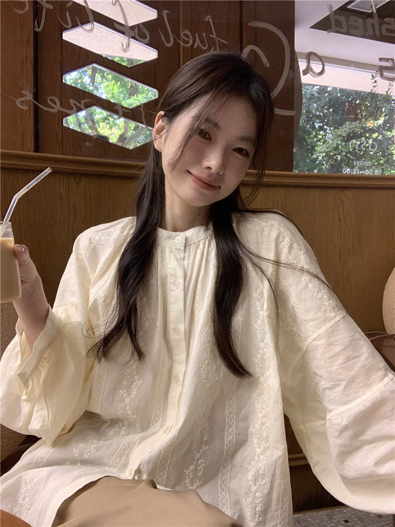 法式设计感蕾丝刺绣娃娃衫水溶棉灯笼袖衬衫,女装衬衫,湘姗
