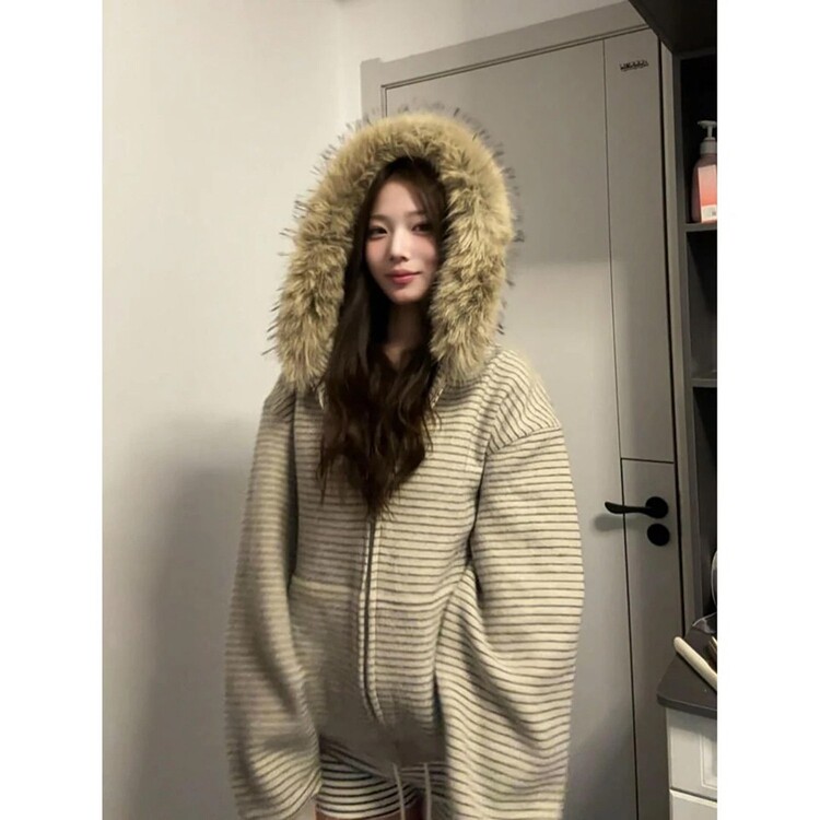 美式复古条纹连帽卫衣外套女秋冬季宽松毛领针织外穿上衣拉链开衫,女装短外套,星座218-8