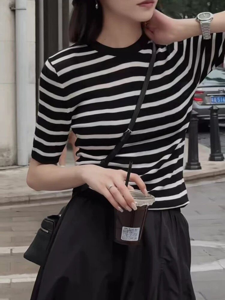 经典复古条纹天丝短袖,女装T恤,雪真羊绒