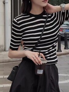 经典复古条纹天丝短袖图片